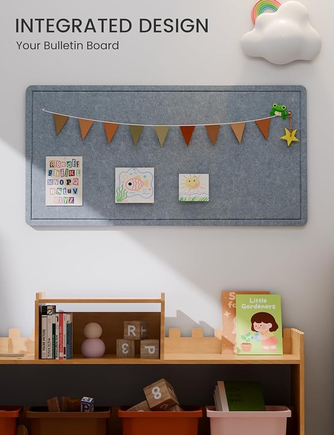 Fluxynara Bulletin Board, 35" x 17.5" Cork Board Alternative with 12 Safe Removable Adhesive Tabs, Foldable Felt Pin Board for Home Office, Classroom, Bedroom,Entryway for Walls—Blue Gray