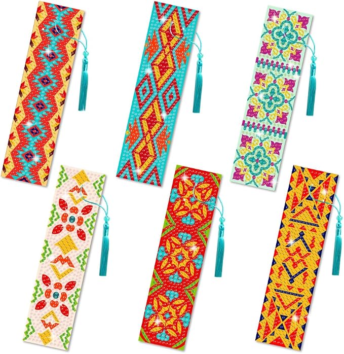 6Pcs Geometric 5D Diamond Art Bookmarks Vintage Floral Diamond DIY Painting Bookmarks Rhinestones Beaded Acrylic Tassel Bookmark for Adult Beginner Crafts
