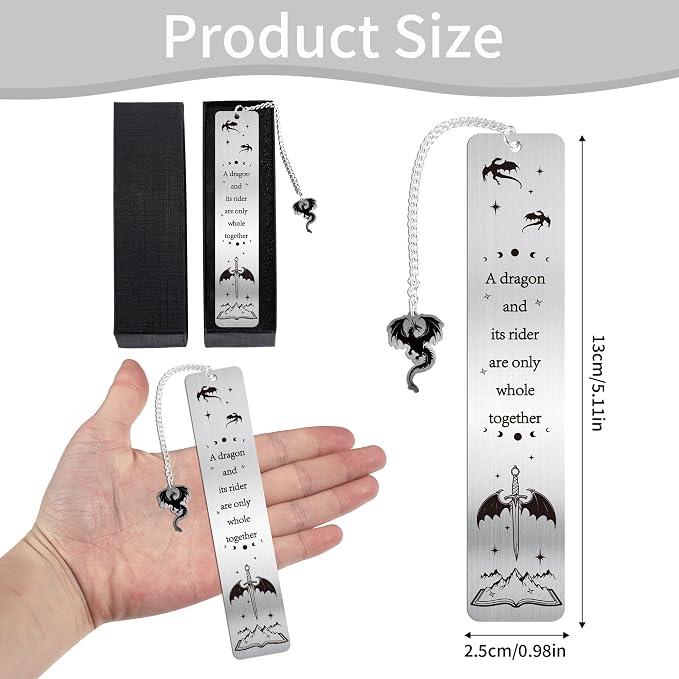 Dragon Metal Bookmark for Men, Fantasy Book Marks for Reading Men Women, Cool Dragon Page Marker with Chain Charm, Bookish Gifts Merch for Readers School Office Supplies