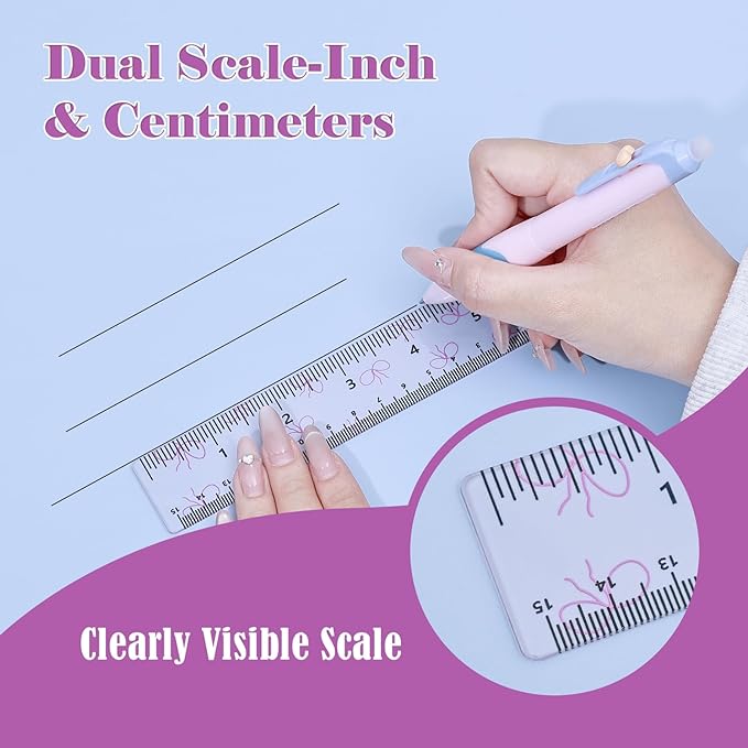 BAYTORY 4Pcs Transparent Acrylic Ruler 6 Inch, Clear Plastic Straight Rulers, Shatterproof Student Stationery Centimeters with Inches, for Classroom Essentials School Supplies (Bowknot 6 Inch)