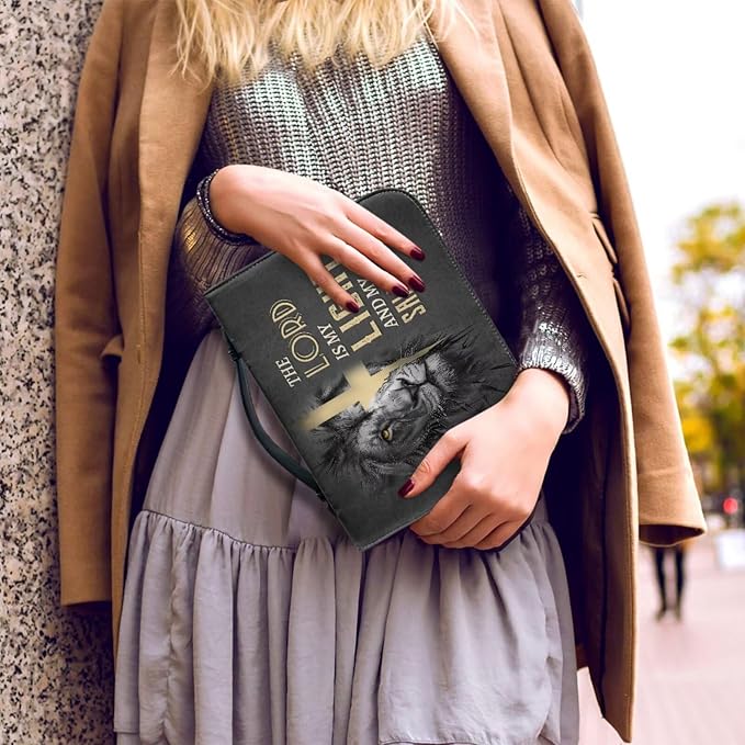 Retro Religious Style Cross Lion Bible Case with Bookmark Waterproof Bible Cover Case for Women Lightweight Bible Bag with Handle Pockets Church Book Bag Grey