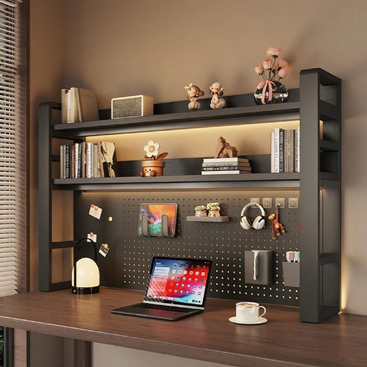Desk Shelf Organizer for Top of Desk – Desktop Bookshelf with Pegboard & Storage Accessories, Adjustable Hutch for Dorm or Office, Steel Frame Display Shelf, Black frame + black board 21.7*9.8*36.6in