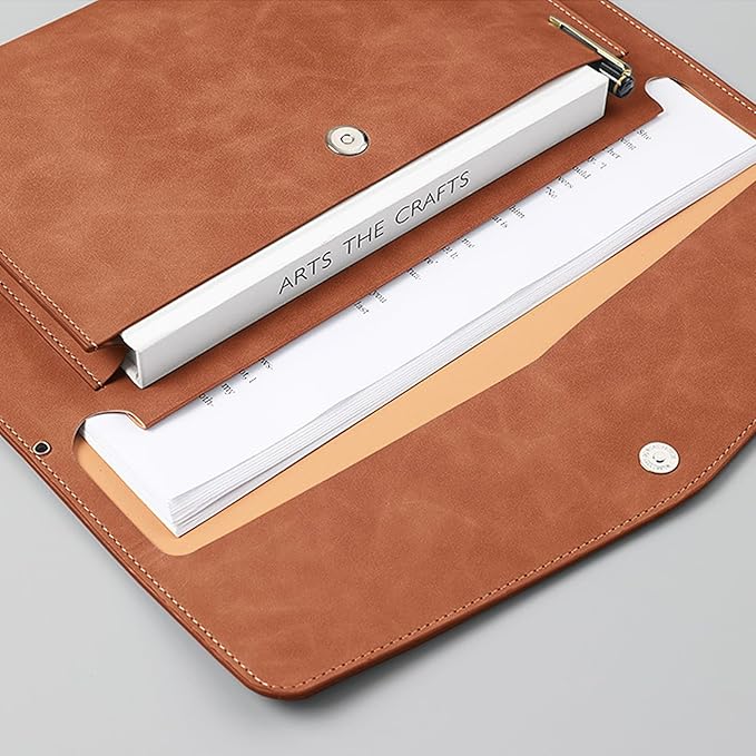 PU Leather A4 File Folder Document Holder with 2 Compartments Envelope Folder Case with Snap Closure for Receipt Contract (Brown)