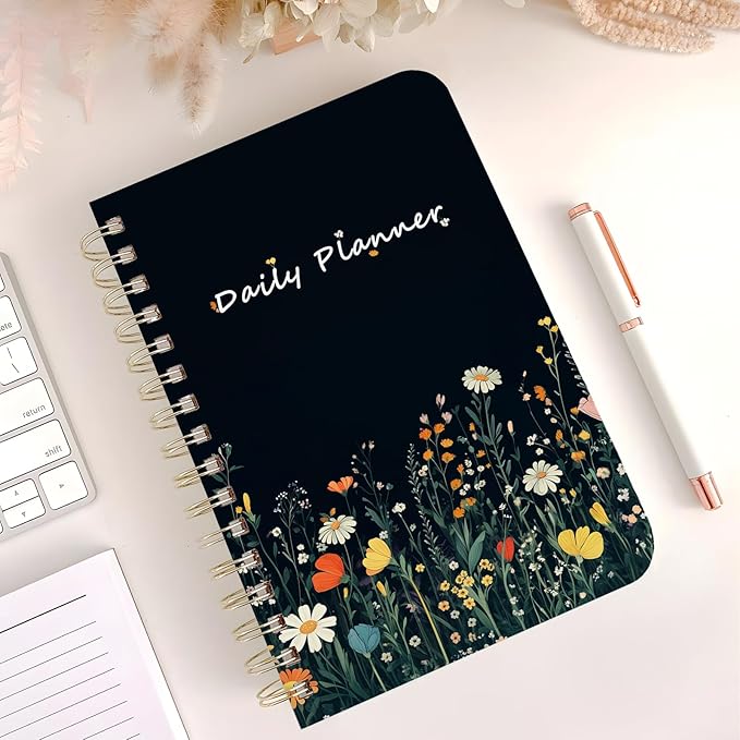 Undated Daily Planner - Spiral Notebook 80 Days One Day Per Page, Hourly Schedule, To-Do List, Notes, Everyday Planning Task, A5 Hardcover Journal Organizer Book Women Cute Aesthetic, Flower