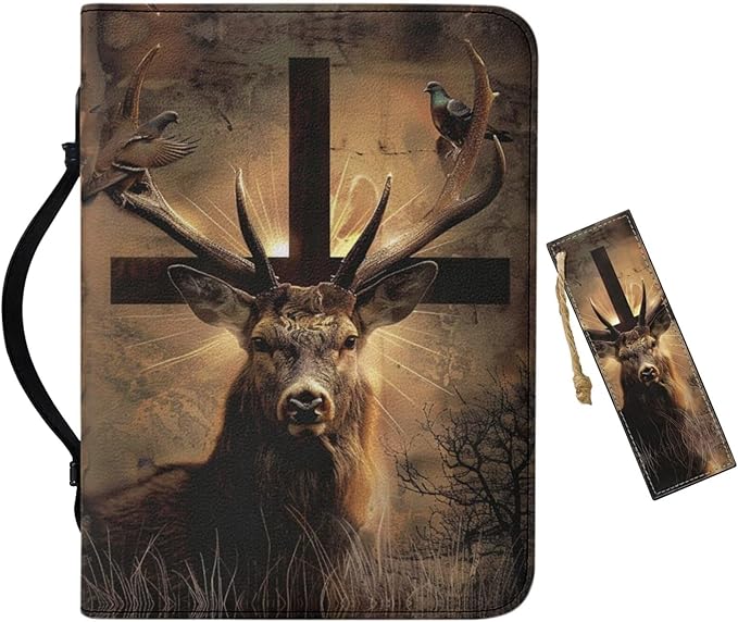 Leather Medium Bible Cover with Bookmark，Carrying Book Case Church Bag Bible Protective Brown Bible Case,Christian Gifts,Cross and Deer