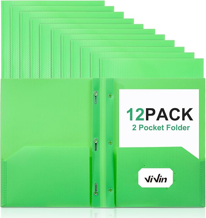 ViVin Sturdy Plastic Folder with Pockets,12 Pack,Heavy Duty Two Pocket 3 Prong Folders,Holds Letter Size Paper,File Folders with Business Card Slot for School Home and Office(Green)