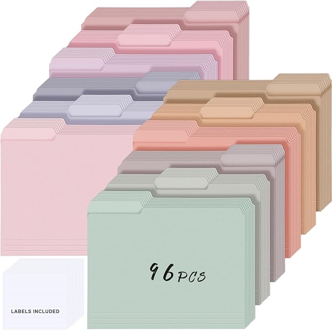 96 Pcs File Folders 9.5x11.6 Inch Manilla Folders Letter Size with 1/3 Cut Tabs 12 Colored Office Home School Organizers for Documents, Classroom Supplies and Paper Storage (Sweet Color)