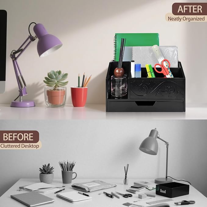 Black Wooden Mail Organizer with Drawer, Three Tiered Desk Accessories for Office Organization and Storage, Stylish Countertop Document Storage, Home/Office/Classroom Supplies (Black01)