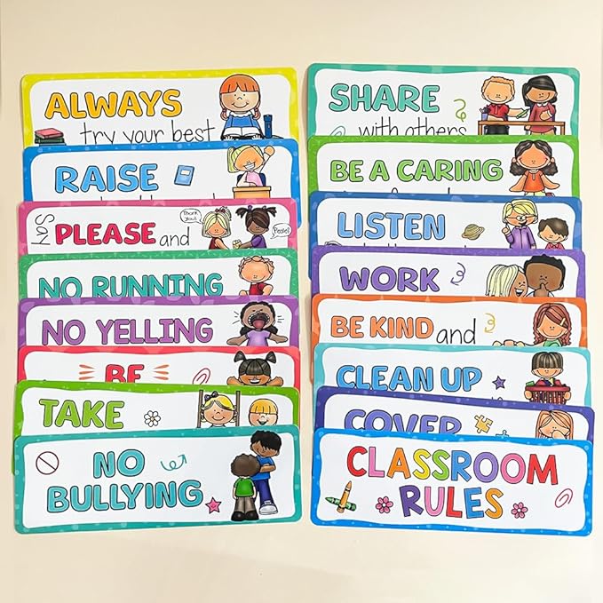 Lachilly 16Pcs Classroom Rules Cards, Class Interactive Social Distancing, Subject Titles for Bulletin Board Boarder Headliners, Classroom Decoration, Social Cognitive Card Teaching Aids 10.4x3.4 inch