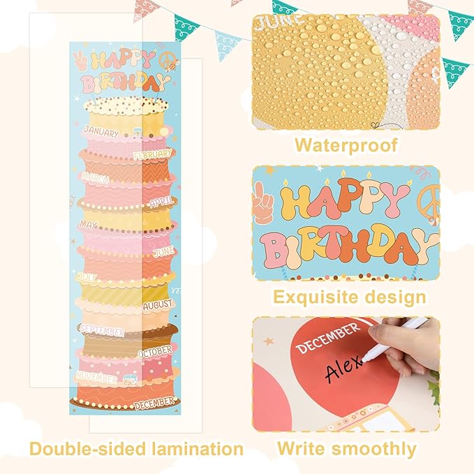 Lonfliness Happy Birthday Poster Chart Groovy Birthday Bulletin Board Decoration Retro Boho Birthdays Classroom Wall Door Decor for Calendar Bulletin Board Nursery Kindergarten Back to School Supplies