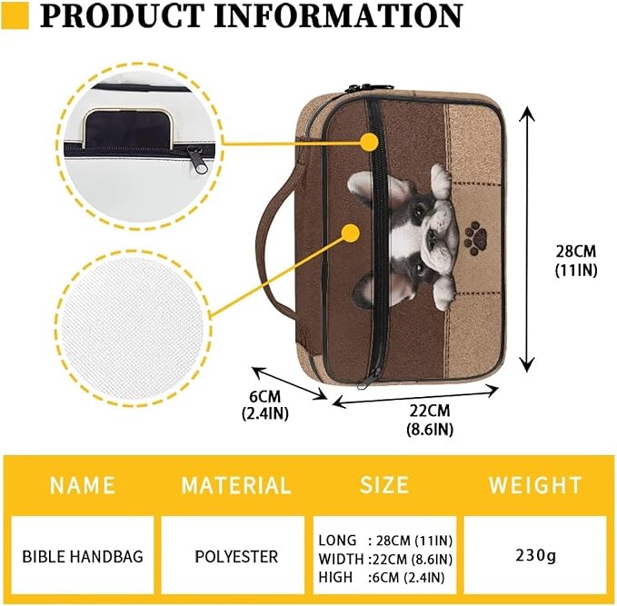 French Bulldog Paw Print Bible Covers for Women & Men, Bible Organizer Carrying Case with Zippered Pocket Bible Protective Bag, Brown