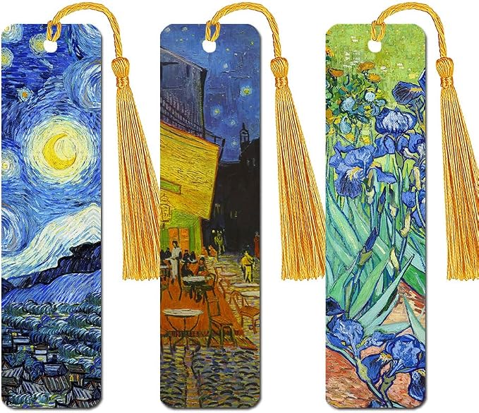 WIRESTER Set of 3 Metal Bookmarks with Light Gold Tassel for Students, Reader, Teachers, Book Lovers - The Starry Night Van Gogh, Cafe Terrace At Night Van Gogh, Irises Vincent Van Gogh