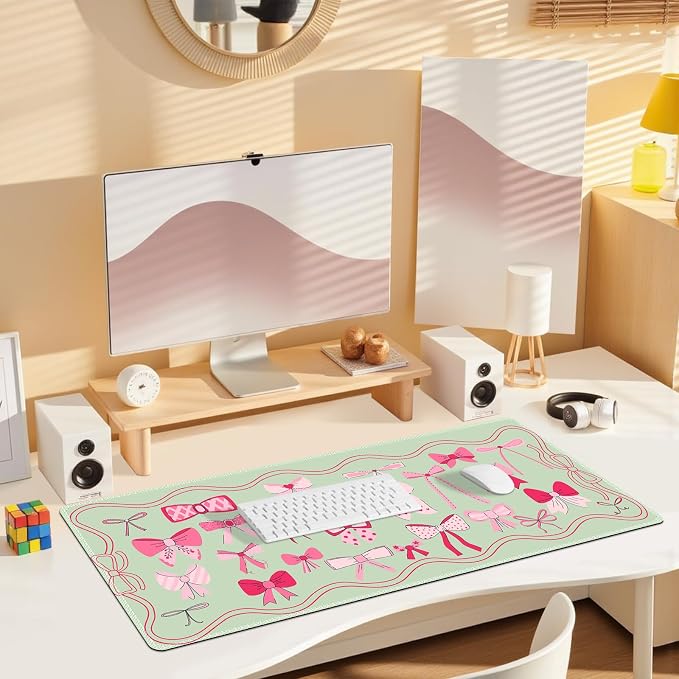 Desk Pad for Keyboard and Mouse, Large Mouse Pad for Desk, Non-Slip Keyboard Mat, Computer Mats for Desk, Desk Pad with Stitched Edges for Office, Gaming I Green Various Pink Bows
