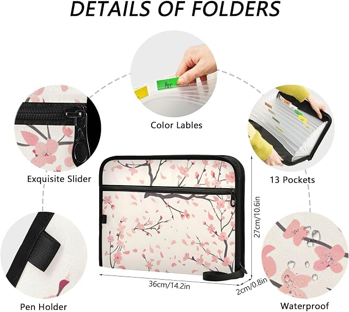Expanding File Folder Cherry Blossom Flower Pattern Accordion File Organizer 13 Pockets Document Organizer with Zipper Labels A4 Letter Office Storage