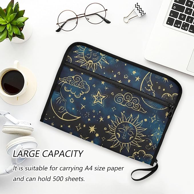 Expanding File Folder Sun Moon Boho Cosmos Astrology Accordion File Organizer 13 Pockets Document Organizer with Zipper Labels A4 Letter Office Storage