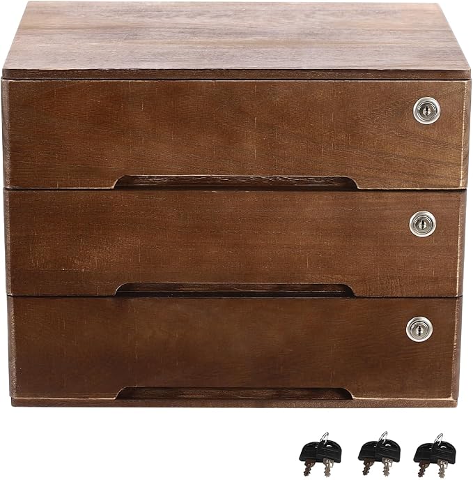 Wooden Storage Box with 3 Drawers, Vintage Office Supplies and Accessories Letter Tray, Wood Desktop School Supply Organizer, Library Card Catalog Cabinet, Rustic Jewelry Box with Lock
