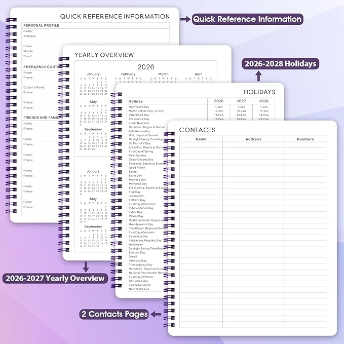 Planner 2026 - Weekly & Monthly 2026 Planner with Printed Tabs, Jan. 2026 - Dec. 2026, 8" x 10", Flexible Cover, Twin-Wire Binding, Premium Paper, Perfect Oganizer - Purple