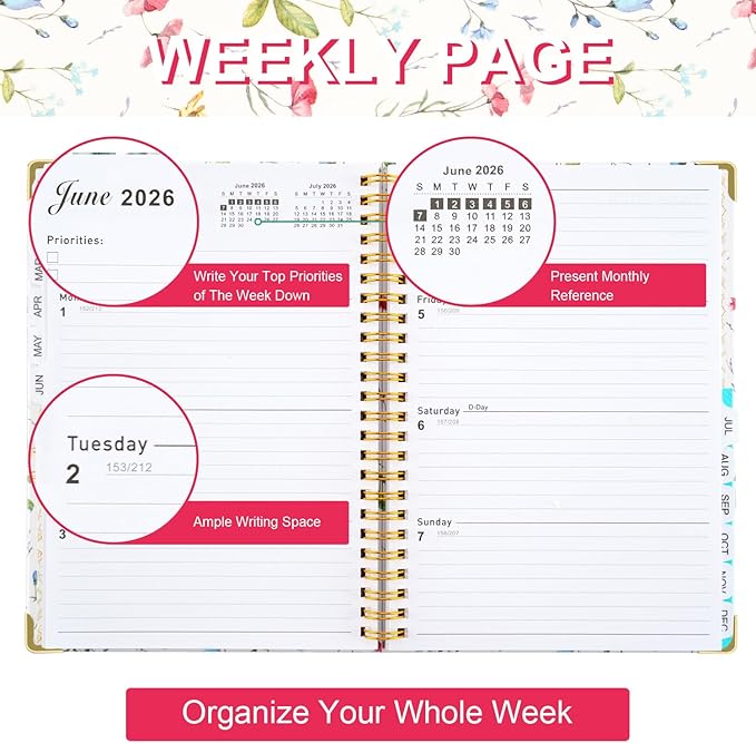 2026 Planner, Daily Weekly Monthly Planner with Tabs, 2026 monthly planner with Color Pen, Sticky Notes and Stickers, 6.2" x 8.5", Durable Twin Wire Binding, Storage Pocket - Floral Multicolor