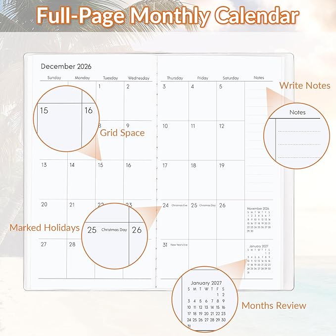 Pocket Calendar 2026-2027, Purse Monthly Planner - 3.7" x 6.7" - Runs from January 2026 Until December 2027, Calendar Planner with Beach PVC Cover for Office
