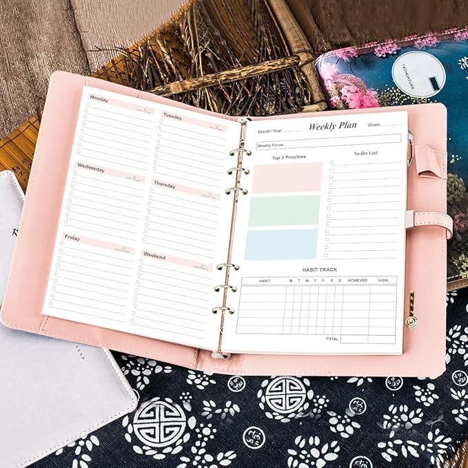 (2-Pack) Weekly Planner Refills for A5 Binders - 106 Sheets/212 Pages Undated Colorful Weekly Planner, 6-Hole Punched, 100 gsm White Paper, Lasts 1 Year, Undated, 5.8" x 8.3"