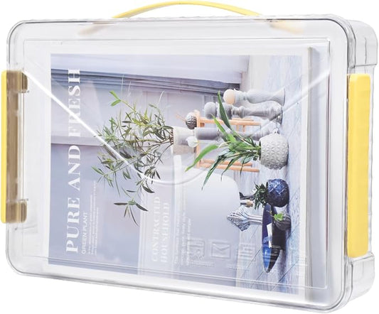 Clear Storage Boxes with Lid - A4 Transparent Paper Storage Organiser with Handle and Portable Project Case Organizer for Storing Certificates, Scrapbook, Toys, and Invoices (Yellow Handle)