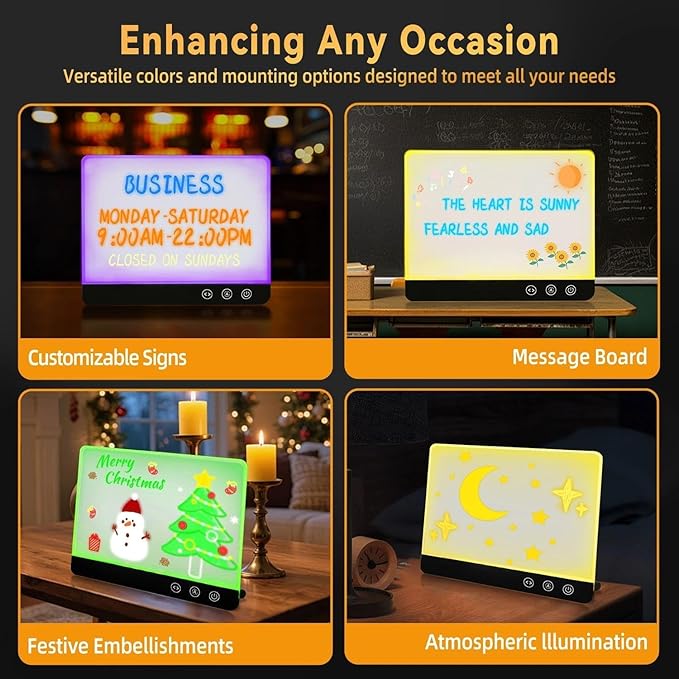 Acrylic Dry Erase Board with Light, Rechargeable LED Memo Board with 7 Colors & 4 Flash Modes, 12"x8" Light Up Desktop Message Board with Foldable Stand, Professional Glowing Note Pad