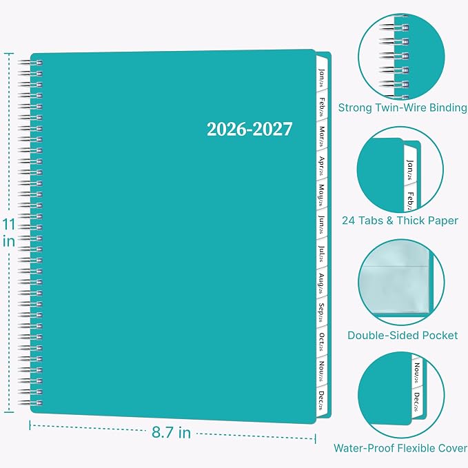 2026-2027 Monthly Planner, 2 Year Calendar Planner, Jan 2026 - Dec 2027, 8.5’’ x 11’’, Large Spiral Agenda, 24 Months, with Tabs ＆Pocket, Flexible Cover, Organizer for Office Home School, Green