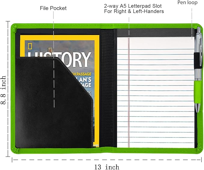 Padfolio/Portfolio Binder, Mini Padfolio Portfolio Binder 5 x 8 Legal Writing Pad, A5 Document Organizer Folder for Men Women,Green.