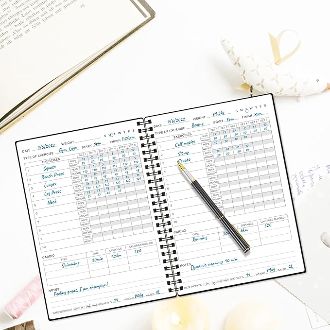 Fitness Journal for Women & Men - A5 Workout Journal/Planner Daily Exercise Log Book to Weight Loss, Gym, Muscle Gain, Bodybuilding Progress - Daily Personal Health & Wellness Tracker, Spiral-Bound, 5.8" x 8.3", Deep Black