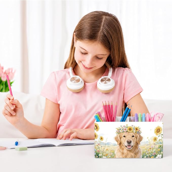 Golden Retriever Dog Floral Pen Pencil Holder for Desk, Golden Retriever Gifts for Women, Dog Mom Lover Gifts Pencil Holders Wooden Box Organizer for Home Office Bedroom Desk Tabletop
