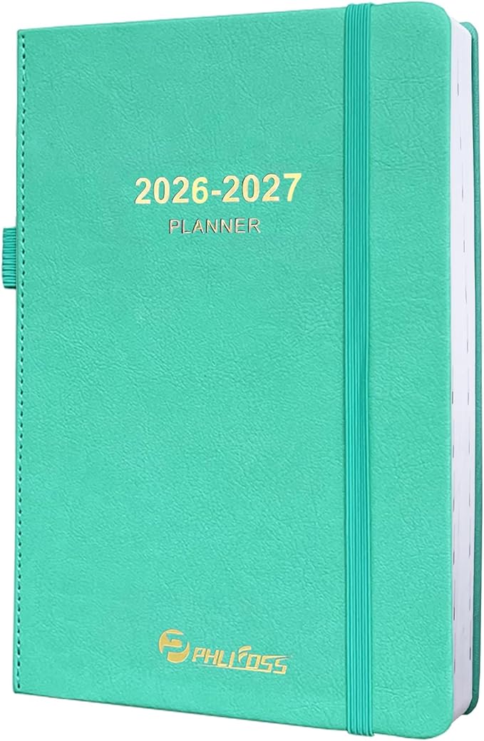 Daily Planner 2026-2027, One Page Per Day, Academic Calendar (July 2026 - June 2027), Appointment Book with Time Slots and Monthly Tabs, 5.7" x 8.25", Pocket, Leather Cove (Lake Green)