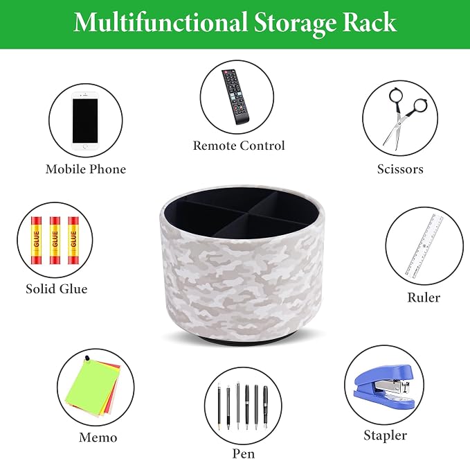 Round Leather Art Supply Organizer,Remote Control Holder,360 Degree Rotating,Multi-Functional Pencil Holder,4 Compartments Desktop Stationary Organizer(1-Camouflage White)