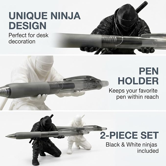 2 PCS Ninja Pen Holder for Desk, Black and White Samurai Pen Holder Desktop Decor, Unique Ninja Warrior Accessories & Desk Organizer for Office Supplies