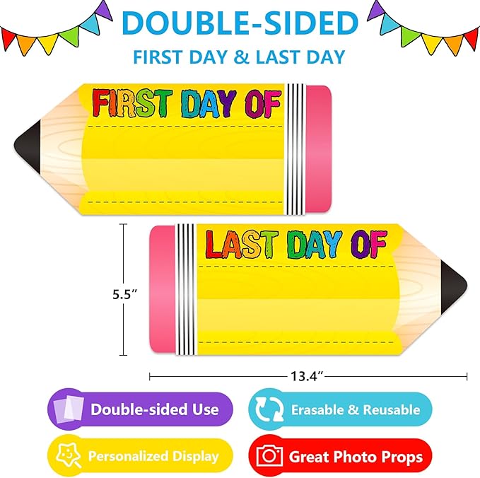 First Day of School Board Sign - Double Sided Pencil First and Last Day of Preschool Kindergarten Chalkboard Sign Reusable & Erasable Back to School Supplies Photo Prop Gift for Kids