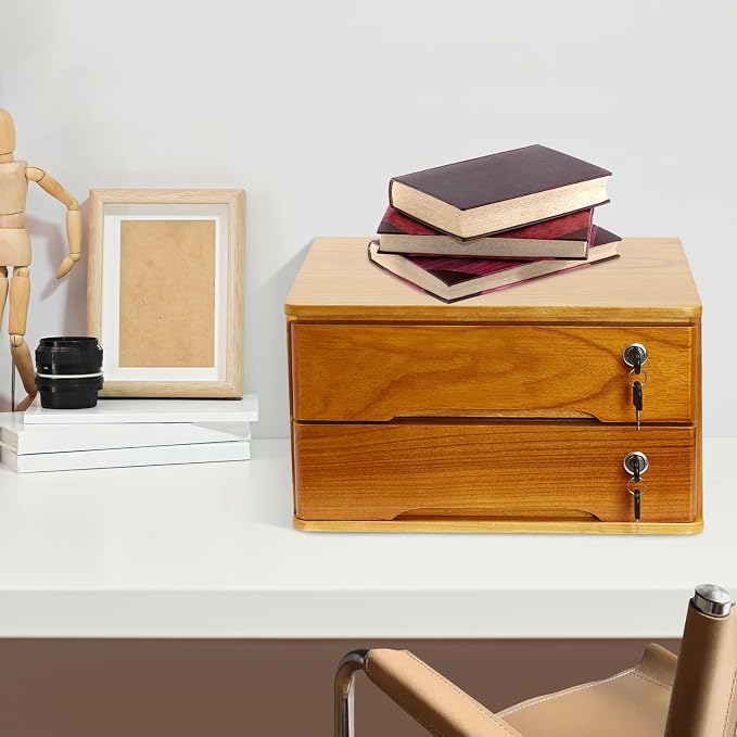 Desktop Storage Organizer Countertop Storage Cabinet with Lockable Drawers Wooden Desk Organizer for Office Supplies File Jewelry Accessories (2 Tiers)