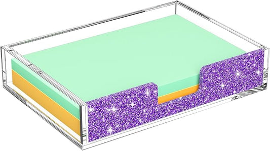 Acrylic Notepad Dispenser Organizer - 4 x 6 in Clear and Glitter Purple Sticky Note Holder W/O Pads Memo Holder for Dorm Room School Classroom Office Desk Organizer Aesthetic Supplies