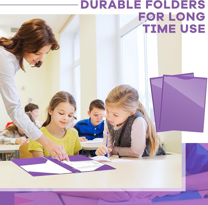 Henoyso 100 Pcs Plastic Folder with Clear Front Pocket and 3 Prong Plastic Folders with Card Slot Pocket Folders with Prongs for School Office (Purple)