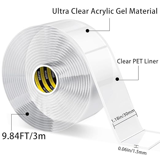 Double Sided Tape Heavy Duty, Mounting Tape Clear, Strong Adhesive Strips Sticky Tape, Reusable Transparent Tape for Home Office Deco(1.18" x9.84FT)
