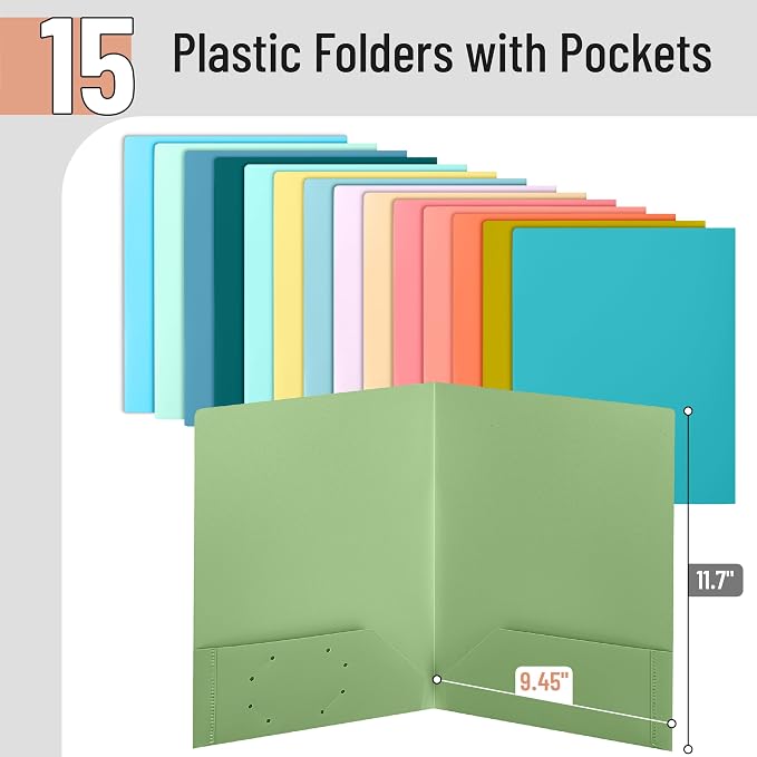 Mr. Pen- Plastic Folders with Pockets, 15 pcs, Aesthetic File Folder with Business Card Slot, 2-Pocket Folder, Back to School, Office, Filing Supplies
