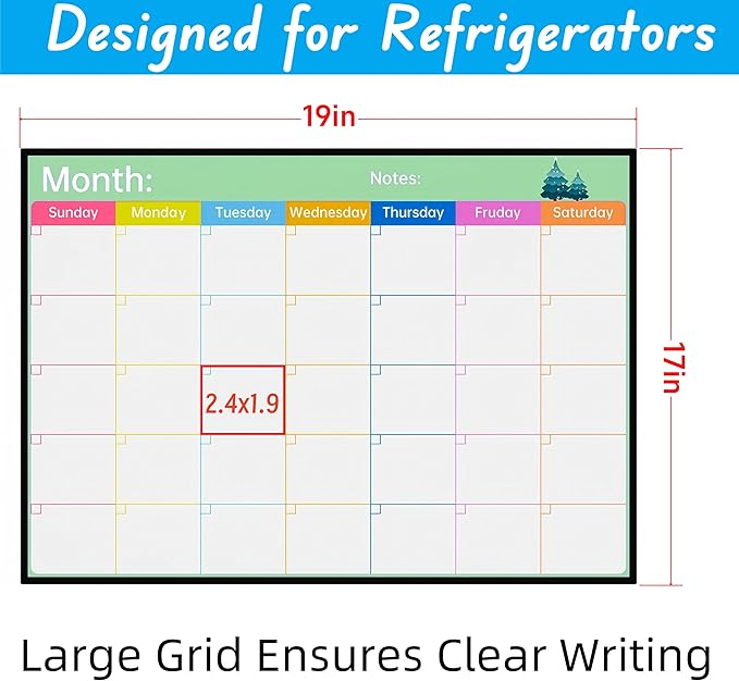 Magnetic Calendar Combo Set – 17x12” Magnetic Monthly & Weekly Dry Erase Calendar for Fridge, Family and Classroom Planning, Includes 3 Markers and Eraser