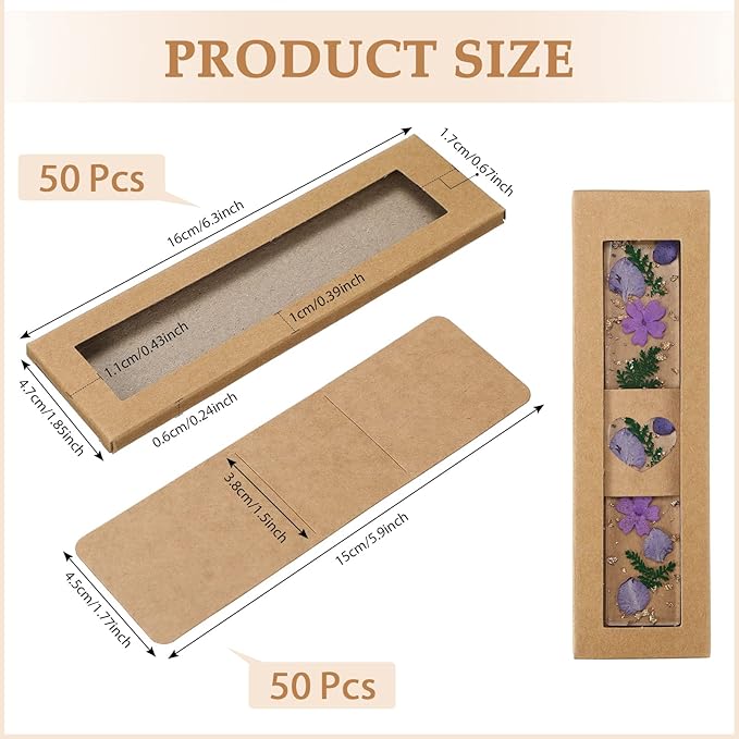 Roowest 50 Set Kraft Bookmark Boxes Sleeves Resin Bookmark Holder 5.9 x 1.8'' Cardboard Gift Boxes DIY Blank Display Cards for Wrapping Gift Supplies(Brown)