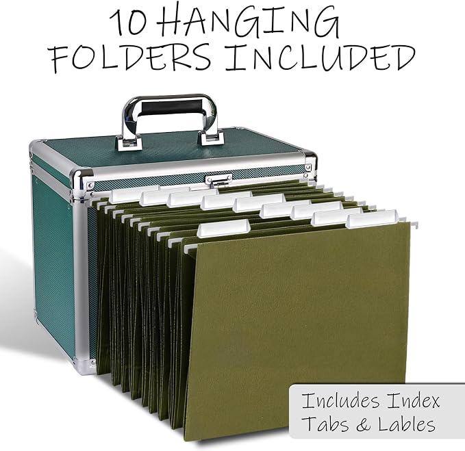 File Storage Cabinet for Letter Size Hanging File Folders, Suspension File Holder, Document Organizer Filing Lockbox in Office and Home with Combination Lock and 10-pack Hanging Files (Green, Letter)