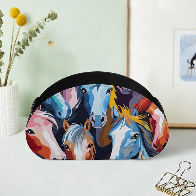 Colorful Cartoon Horses Remote Control Holder TV Remote Caddy with 5 Compartments PU Leather Storage Box Stylish Desk Organizer for TV/DVD/Accessories Desk Office Supplies Home