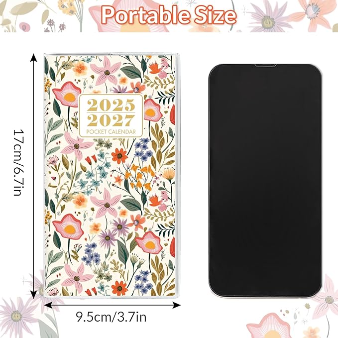 Pocket Calendar 2025-2027, Monthly Purse Planner - 6.7" x 3.7" - Covers from September 2025 to December 2027, Pocket Calendar with PVC Cover for Planning, Organizing and Office - Floral Design
