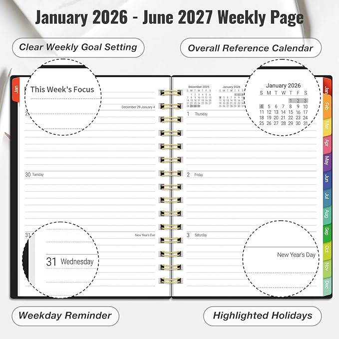 Daily Planner 2026-2027, 18 Month Planner with Tabs, January 2026 - June 2027 Weekly and Monthly Agenda Year Calendar Spiral Time Management, 100GSM Thick Paper, Twin-Wire Binding, A5 Size, Black