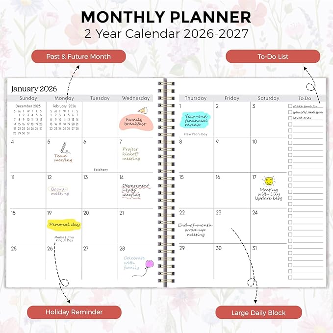 SKYDUE Monthly Planner 2026-2027, 24 Months Calendar Planner 2026-2027, 7.5" x 10" B5 Planner, Twin-wire Spiral Bound, Durable Waterproof Cover, Thick No-Bleed Paper, Floral