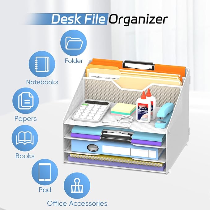 Desk File Organizer, Paper Organizer with 4 Letter Trays and 2 Vertical Upright Sections, Desk Organizers and Accessories for Office, School, Home (White)