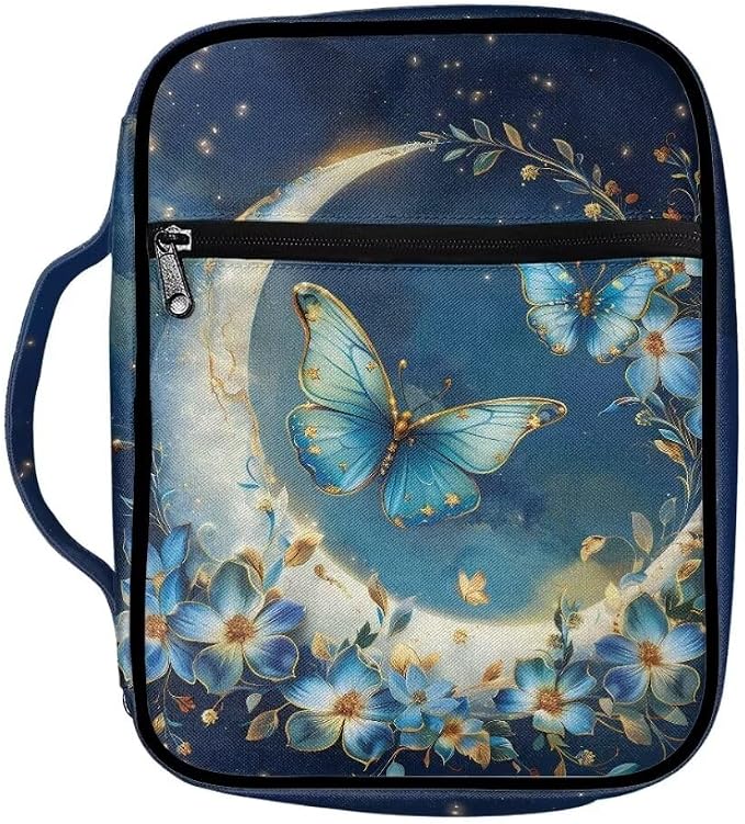 Coldinair Moon Butterfly Bible Cover for Women Girls Nylon Bible Holder Carrier Carrying Organizer Bible Bag, Zipper and Pockets for Standard Large Size Bible