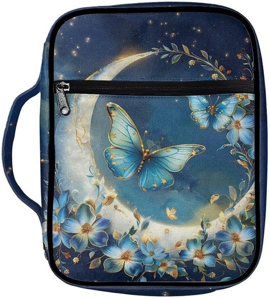 Coldinair Moon Butterfly Bible Cover for Women Girls Nylon Bible Holder Carrier Carrying Organizer Bible Bag, Zipper and Pockets for Standard Large Size Bible