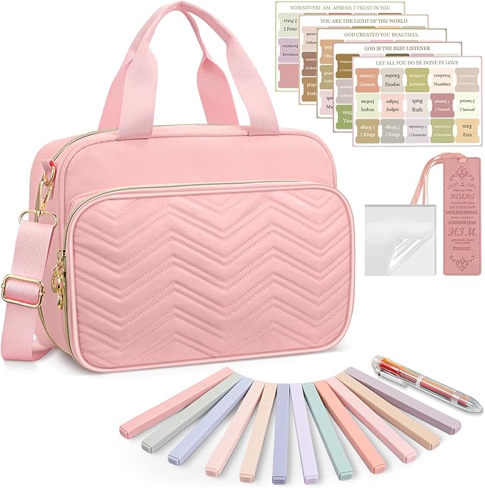 FINPAC Large Bible Cover Case for Women, Bible Study Supplies Journaling Kit with Shoulder Strap, Christian Gifts Church Bag, Pink